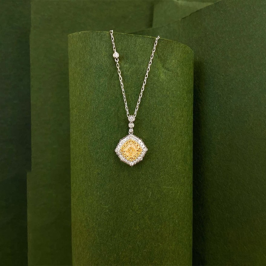 14k Gold 0.48 Ctw Natural Yellow Diamond & Diamond Necklace: Ref:231184423 // gold content:14k gold // main gemstone:yellow diamond // shape:cushion // carat weight:0. 3ct // color:yellow // treatment:natural // // adjacent gemstone 2 : diamond // shape:round