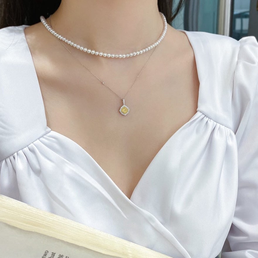 14k Gold 0.48 Ctw Natural Yellow Diamond & Diamond Necklace - 4