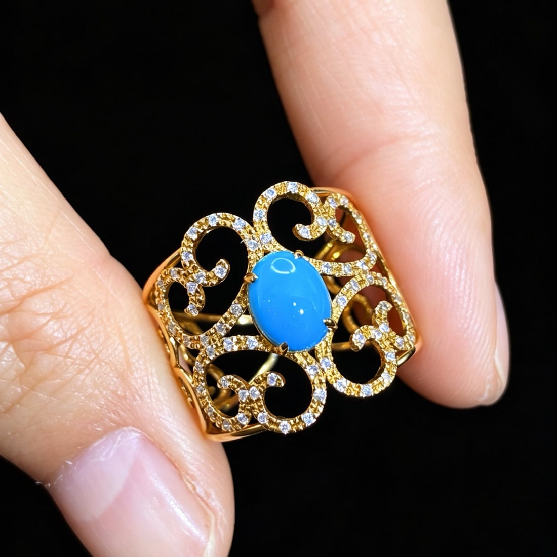14k Gold 1.19 Ctw Natural Blue Turquoise & Diamond Ring - 2