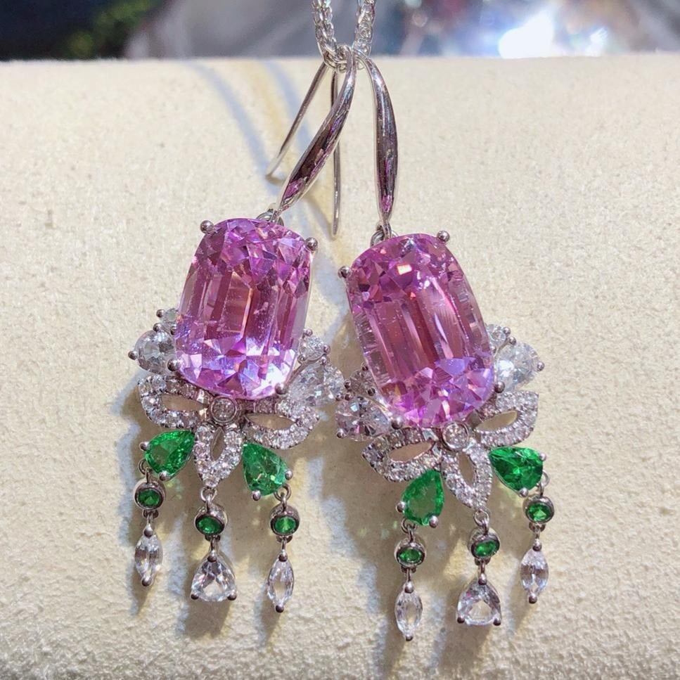 14k Gold 19.74 Ctw Natural Kunzite & Sapphire Earrings: Ref:231185010 // gold content:14k gold // main gemstone:kunzite // number of stones:2 // shape:cushion // carat weight:17. 14ct // color:pinkish purple // treatment:natural // // adjacent gemstone 2