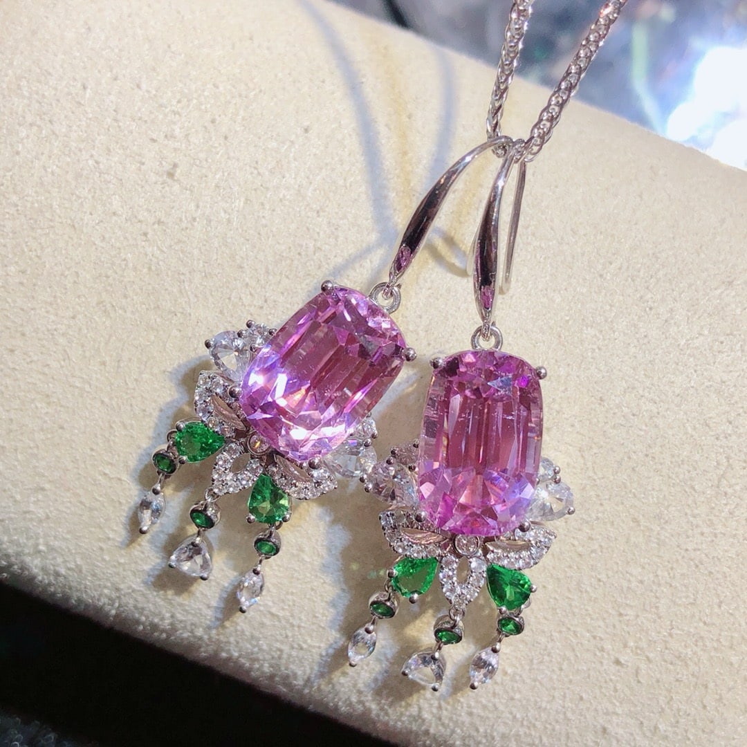 14k Gold 19.74 Ctw Natural Kunzite & Sapphire Earrings - 4