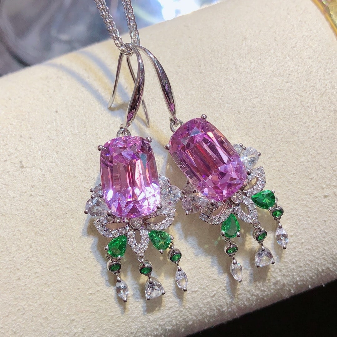 14k Gold 19.74 Ctw Natural Kunzite & Sapphire Earrings - 6