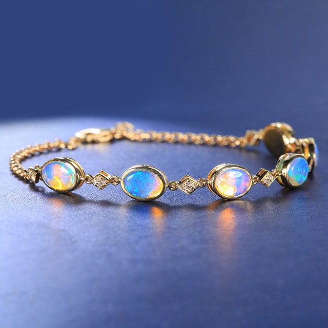 14k Gold 2.70 Ctw Natural Opal & Diamond Bracelet - 3