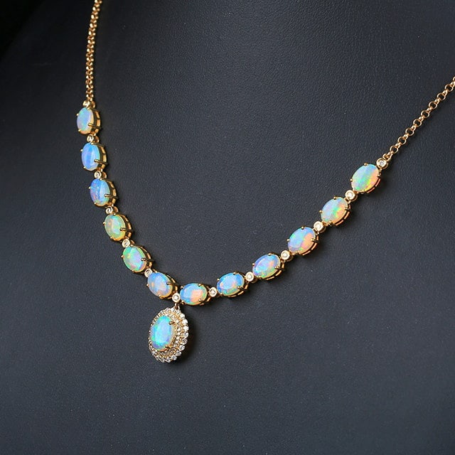 14k Gold 5.78 Ctw Natural Opal & Diamond Necklace - 2