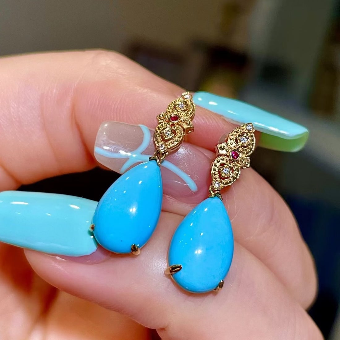 14k Gold 5.68 Ct Natural Blue Turquoise & Diamond & Ruby Earrings - 4