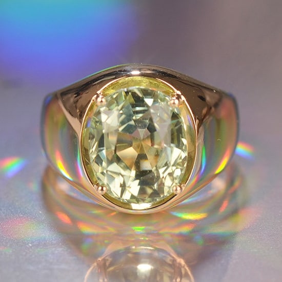 14k Gold 5.65 Ct Natural Tourmaline & Solitaire Ring: Ref:231185022 // gold content:14k gold // ring size:7. 25us // // main gemstone:tourmaline // shape:oval // carat weight:5. 65ct // color:green // treatment:natural // Condition: New Low Estimate:
