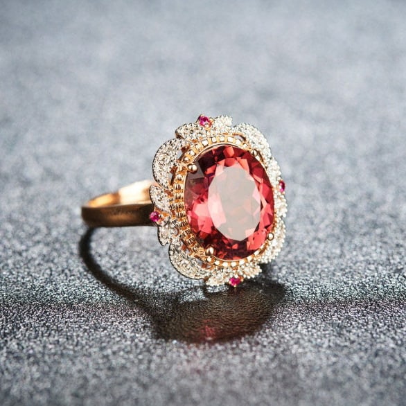 14k Gold 3.93 Ct Natural Tourmaline & Diamond & Ruby Ring - 2