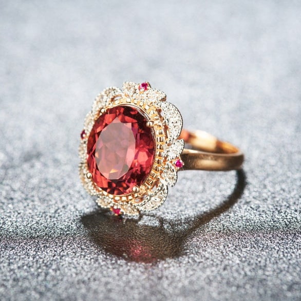 14k Gold 3.93 Ct Natural Tourmaline & Diamond & Ruby Ring - 3