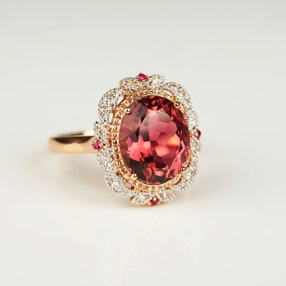 14k Gold 3.93 Ct Natural Tourmaline & Diamond & Ruby Ring - 8