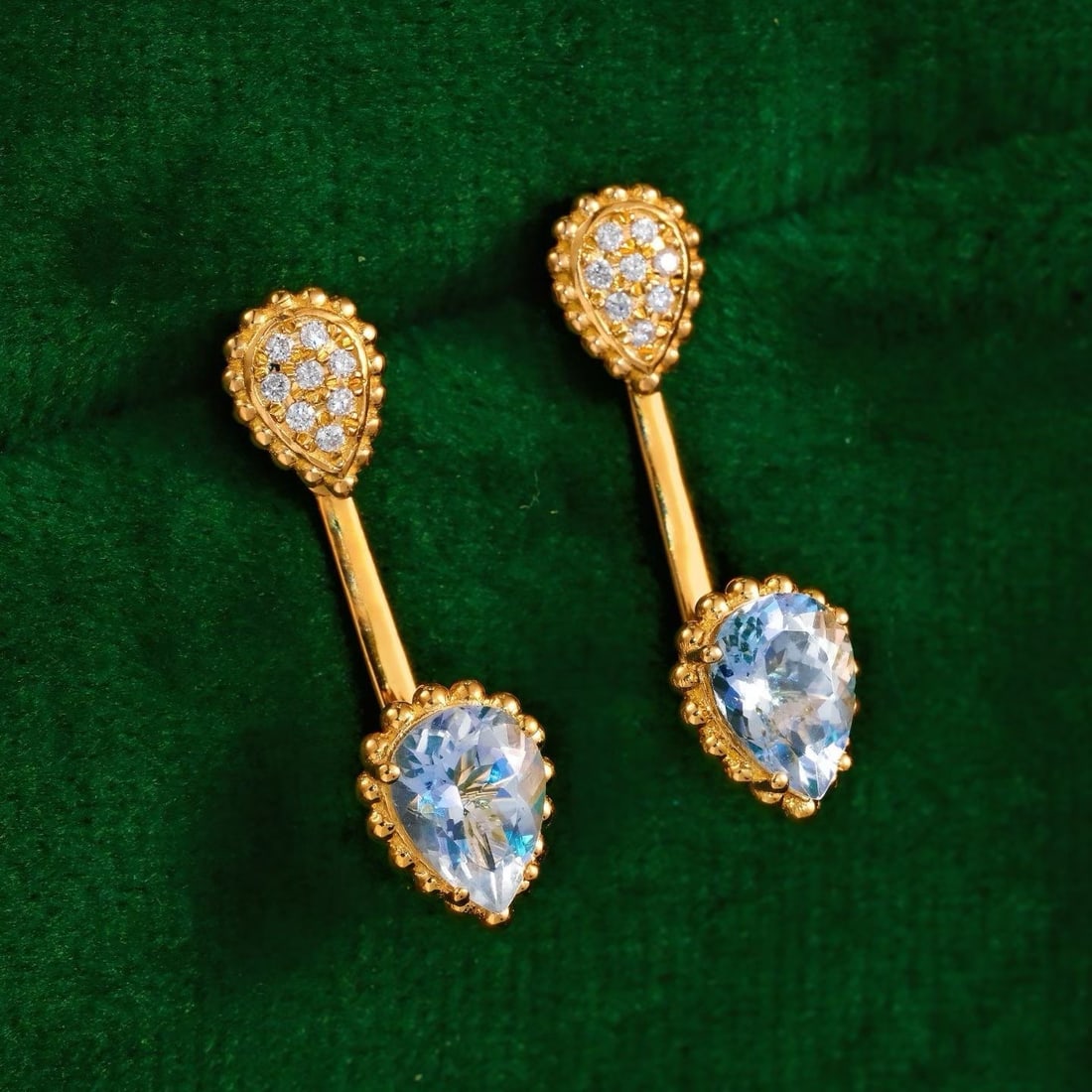 14k Gold 2.00 Ct Natural Aquamarine & Diamond Earrings - 2