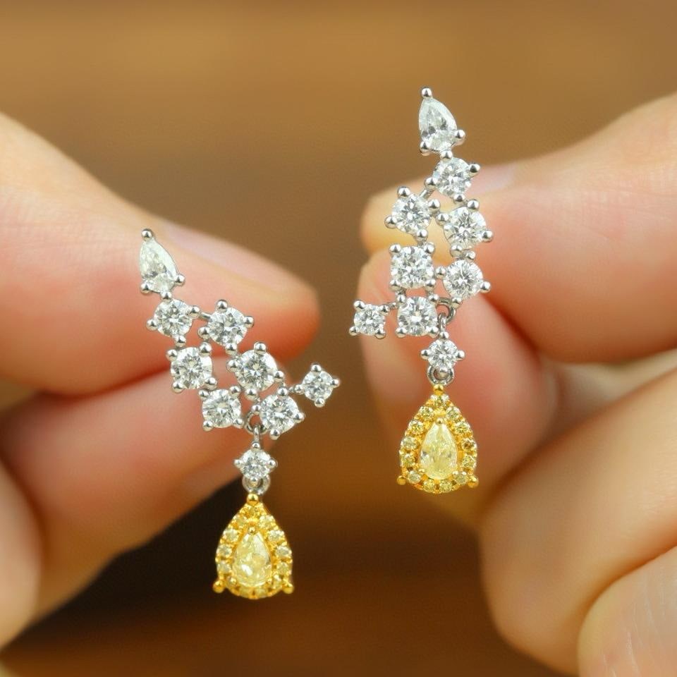 14k Gold 1.42 Ctw Natural Yellow Diamond & Diamond Earrings: Ref:231185035 // gold content:14k gold // main gemstone:yellow diamond // shape:pear // carat weight:0. 22ct // color:yellow // treatment:natural // // adjacent gemstone 2 : diamond // shape:multiple