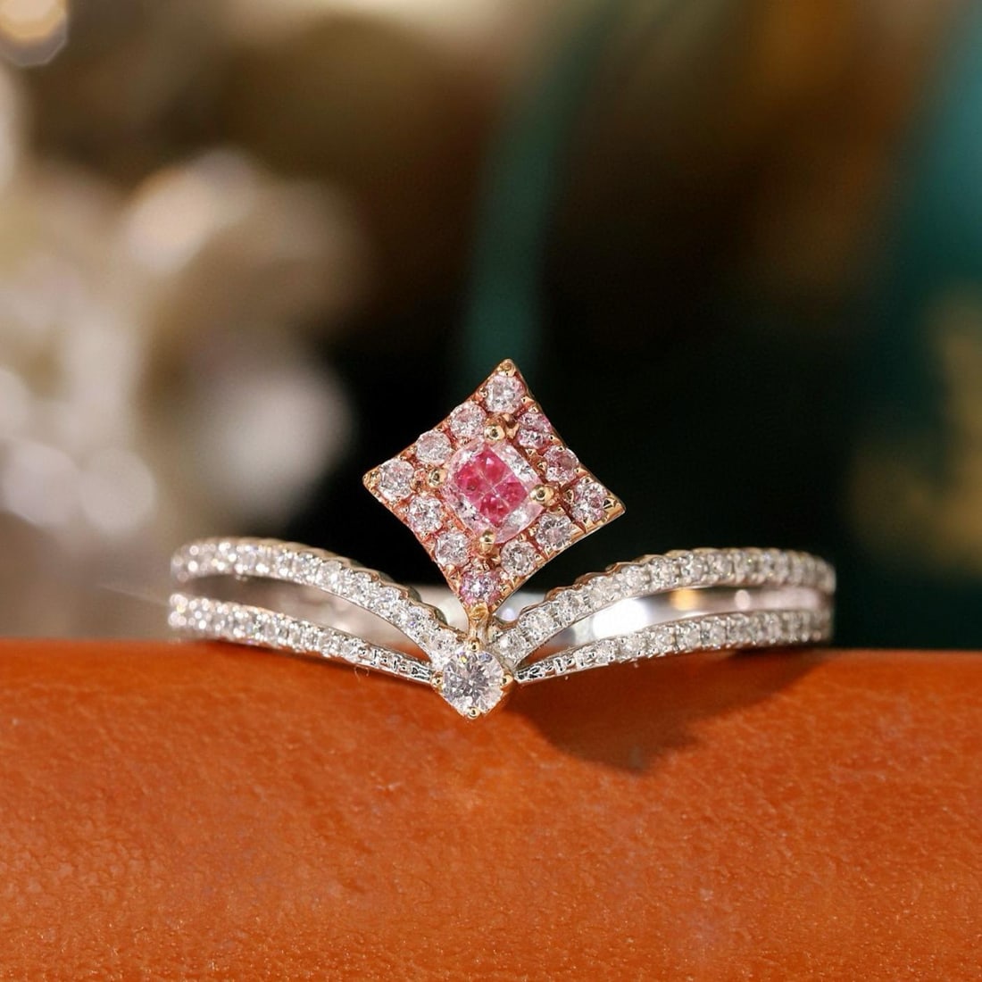 14k Gold 0.40 Ctw Natural Pink Diamond & Diamond Ring: Ref:231185039 // gold content:14k gold // ring size:7. 25us // // main gemstone:pink diamond // shape:cushion // carat weight:0. 15ct // color:pink // treatment:natural // // adjacent gemstone 2 :