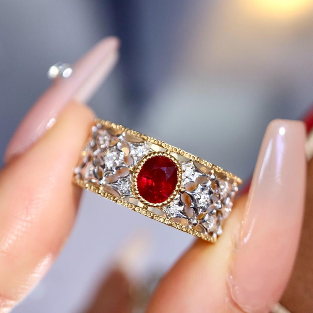 14k Gold 1.16 Ctw Natural Ruby & Diamond Ring: Ref:231185046 // gold content:14k gold // ring size:7. 25us // // main gemstone:ruby // shape:oval // carat weight:0. 86ct // color:red // treatment:natural // // adjacent gemstone 2 : diamond //