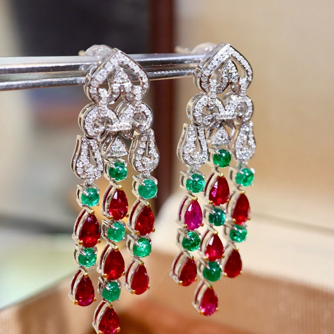 14k Gold 5.27 Ctw Natural Emerald & Ruby & Diamond Earrings - 2