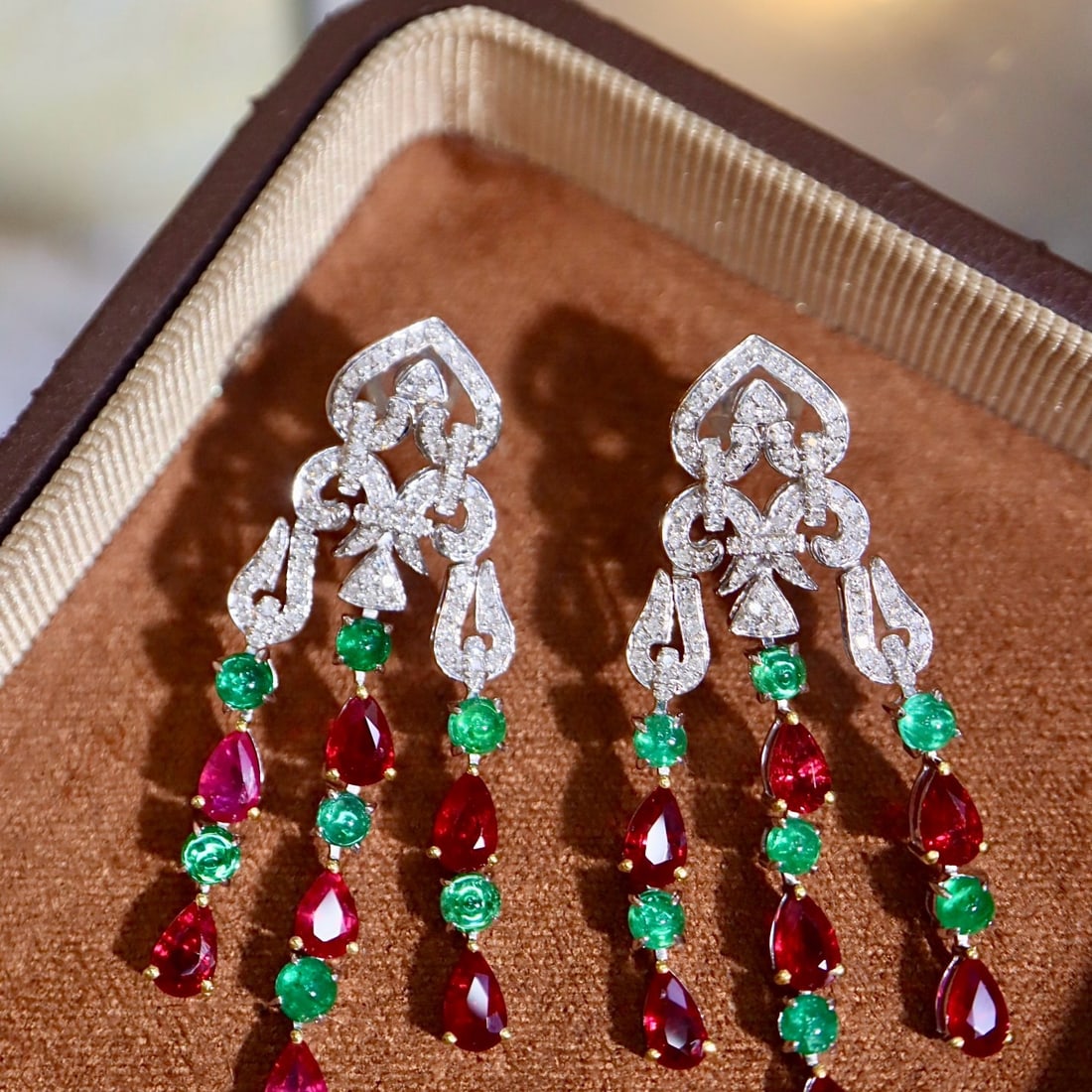 14k Gold 5.27 Ctw Natural Emerald & Ruby & Diamond Earrings - 4