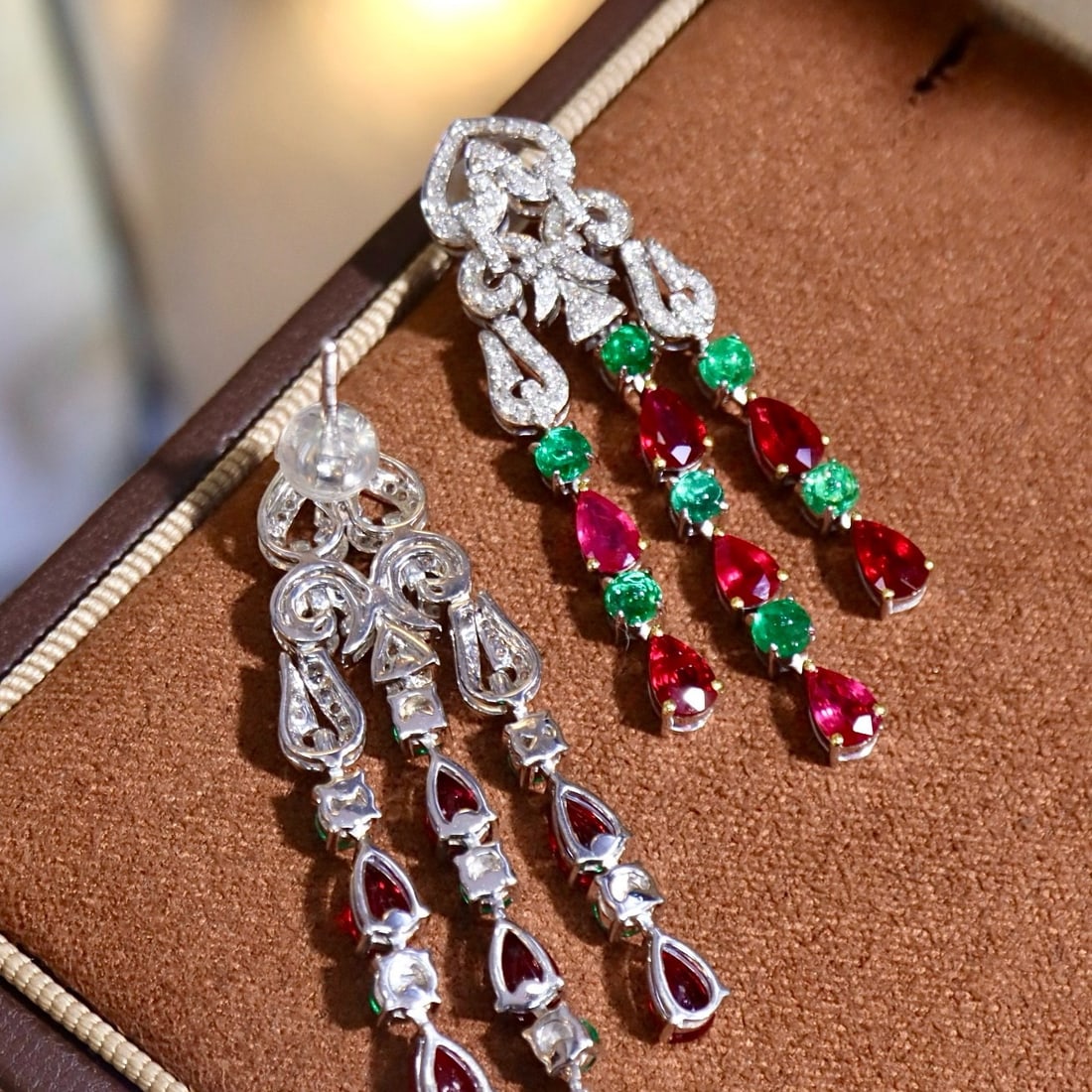 14k Gold 5.27 Ctw Natural Emerald & Ruby & Diamond Earrings - 5