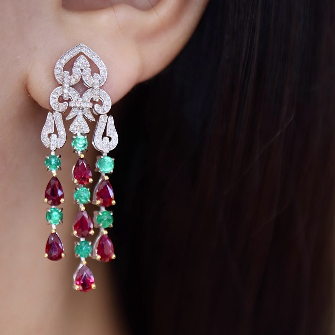 14k Gold 5.27 Ctw Natural Emerald & Ruby & Diamond Earrings - 6