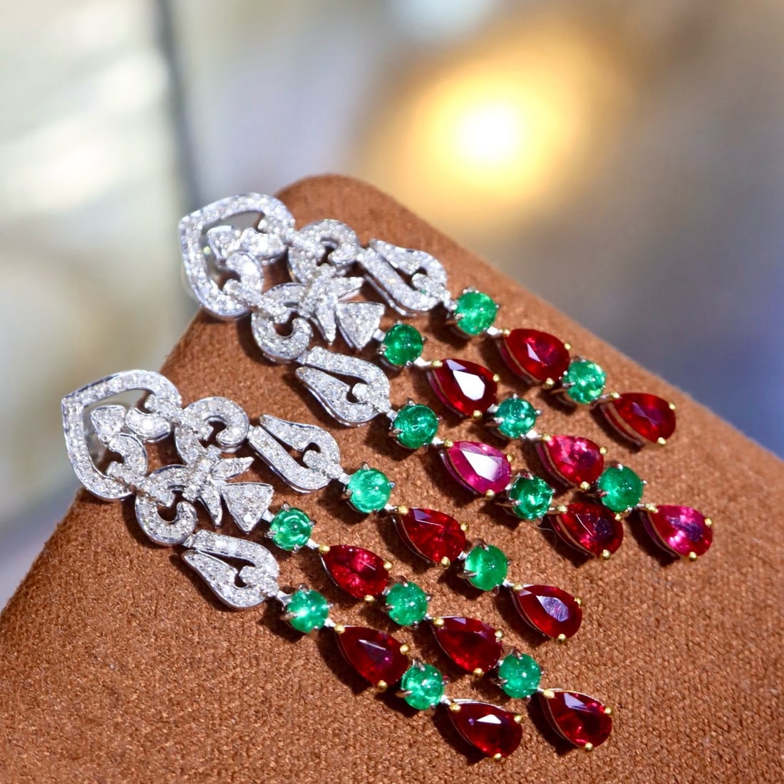 14k Gold 5.27 Ctw Natural Emerald & Ruby & Diamond Earrings - 8