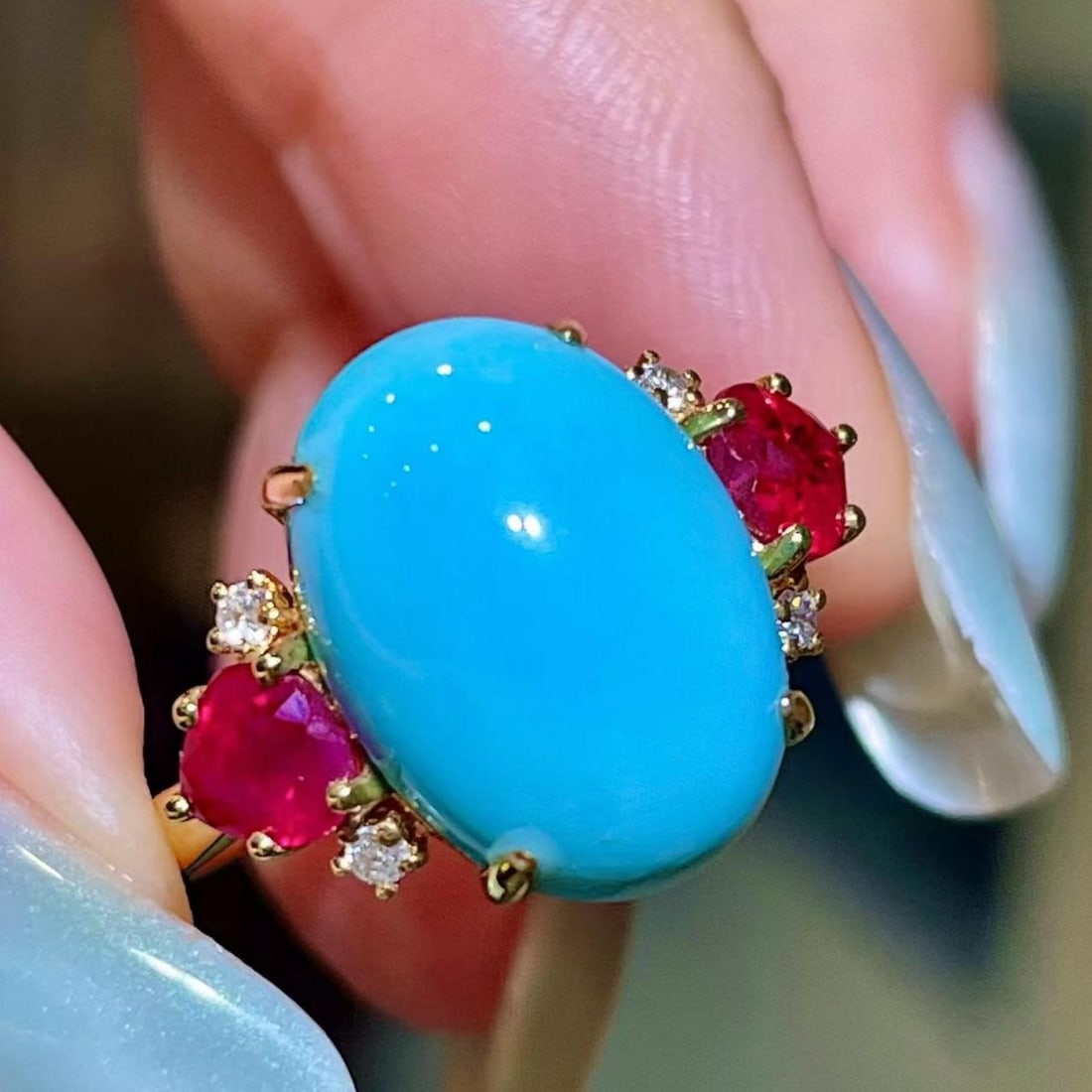 14k Gold 7.85 Ctw Natural Blue Turquoise & Ruby Ring - 2