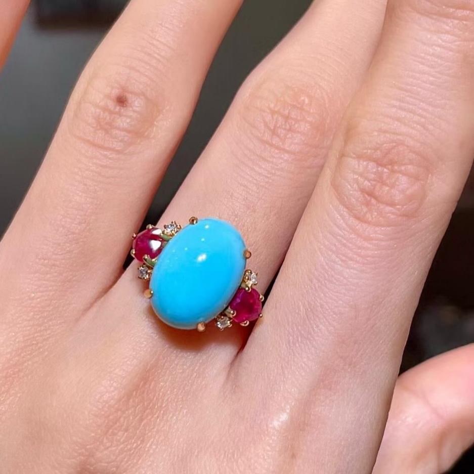 14k Gold 7.85 Ctw Natural Blue Turquoise & Ruby Ring - 3
