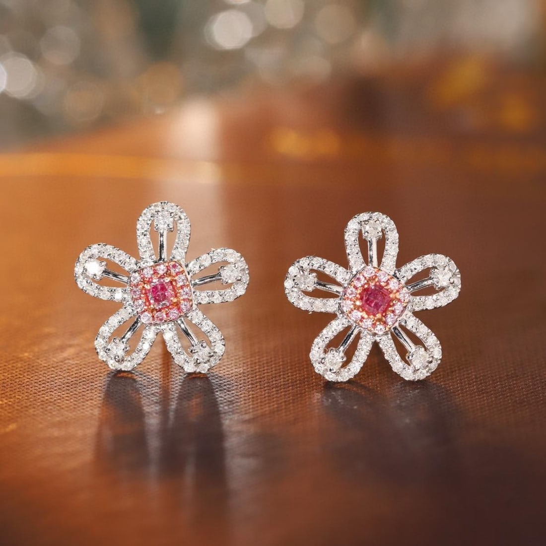 14k Gold 0.56 Ctw Natural Pink Diamond & Diamond Earrings: Ref:231185088 // gold content:14k gold // main gemstone:pink diamond // shape:cushion // carat weight:0. 12ct // color:pink // treatment:natural // // adjacent gemstone 2 : diamond // shape:round //