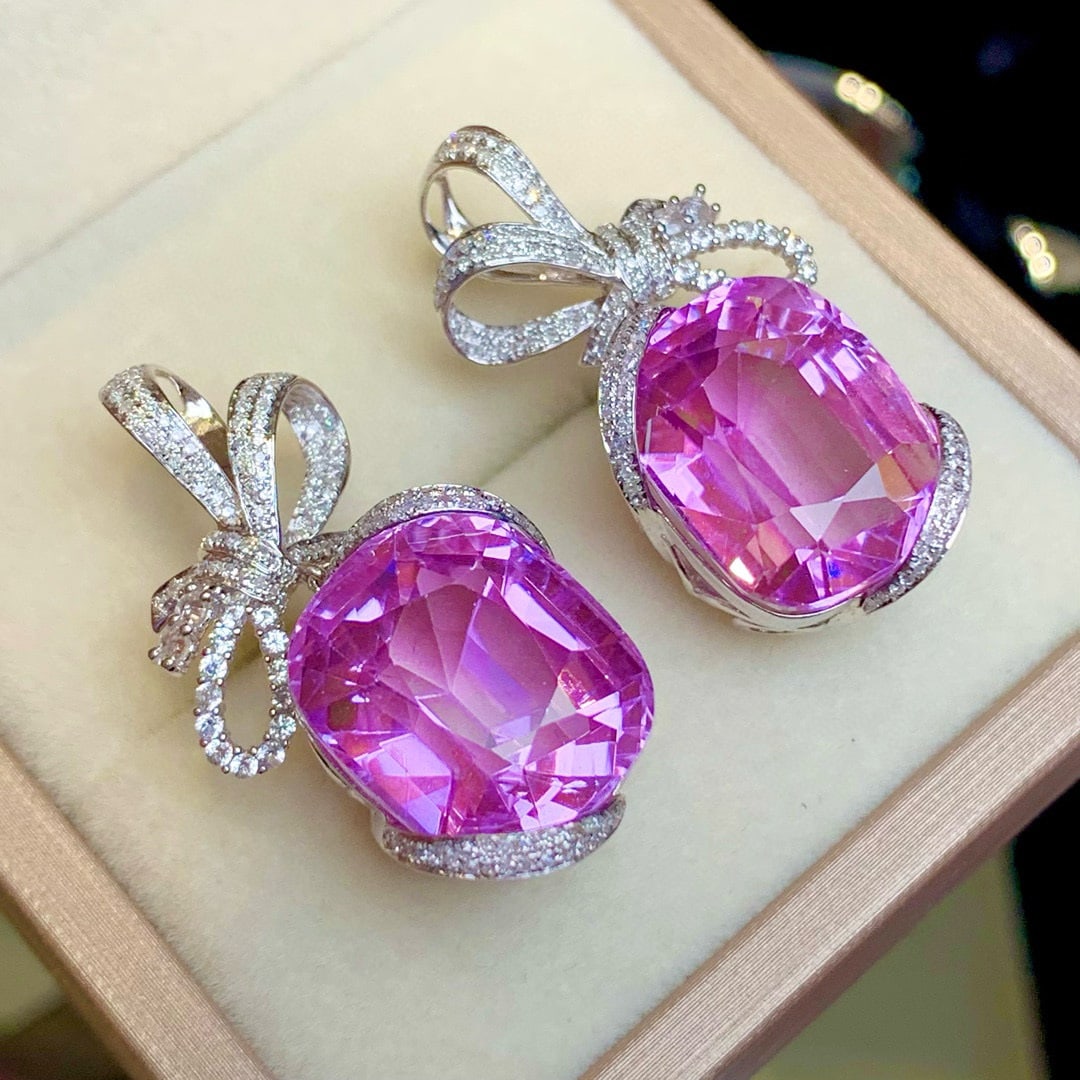 14k Gold 39.2 Ct Natural Kunzite & Diamond & Sapphire Earrings - 2
