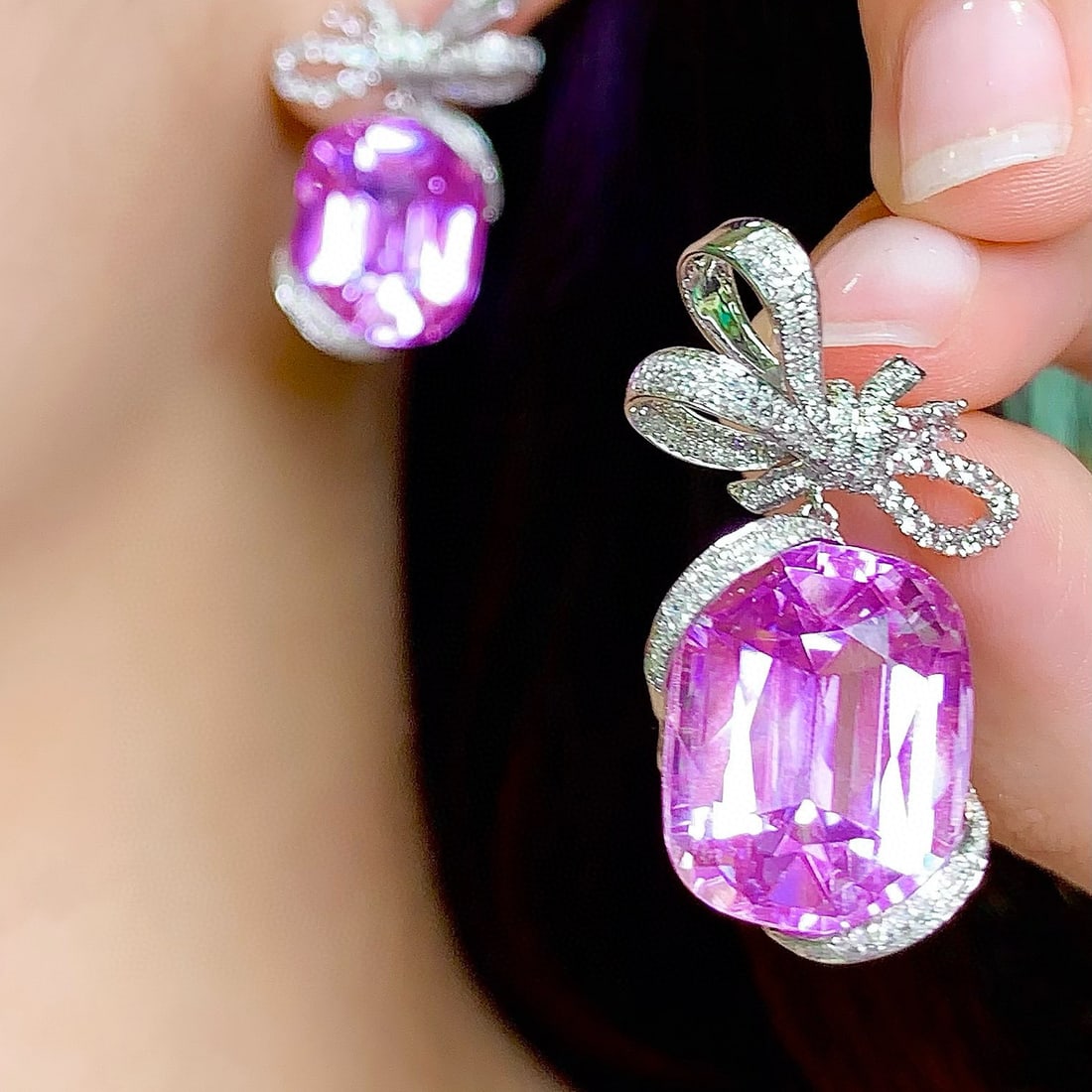 14k Gold 39.2 Ct Natural Kunzite & Diamond & Sapphire Earrings - 6