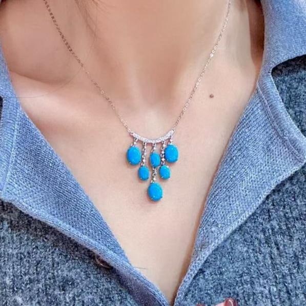 14k Gold 7.73 Ctw Natural Blue Turquoise & Diamond Necklace - 4