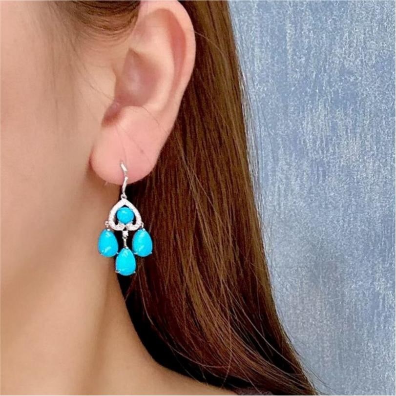 14k Gold 9.22 Ctw Natural Blue Turquoise & Diamond Earrings - 2