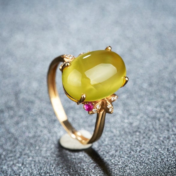 14k Gold 7.2 Ct Natural Prehnite & Diamond & Ruby Ring - 6