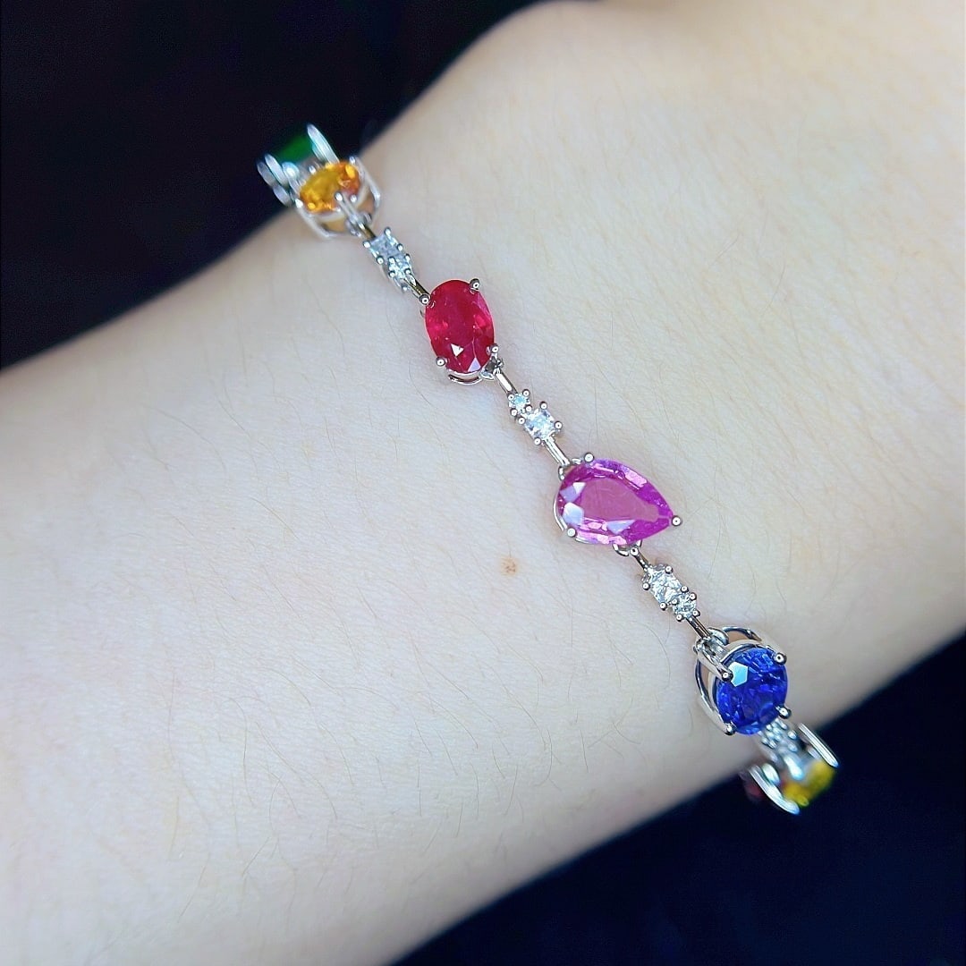 14k Gold 3.18 Ctw Natural Coloured Gemstone & Sapphire Bracelet - 2