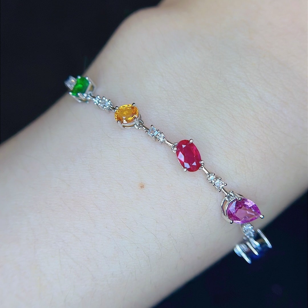 14k Gold 3.18 Ctw Natural Coloured Gemstone & Sapphire Bracelet - 3