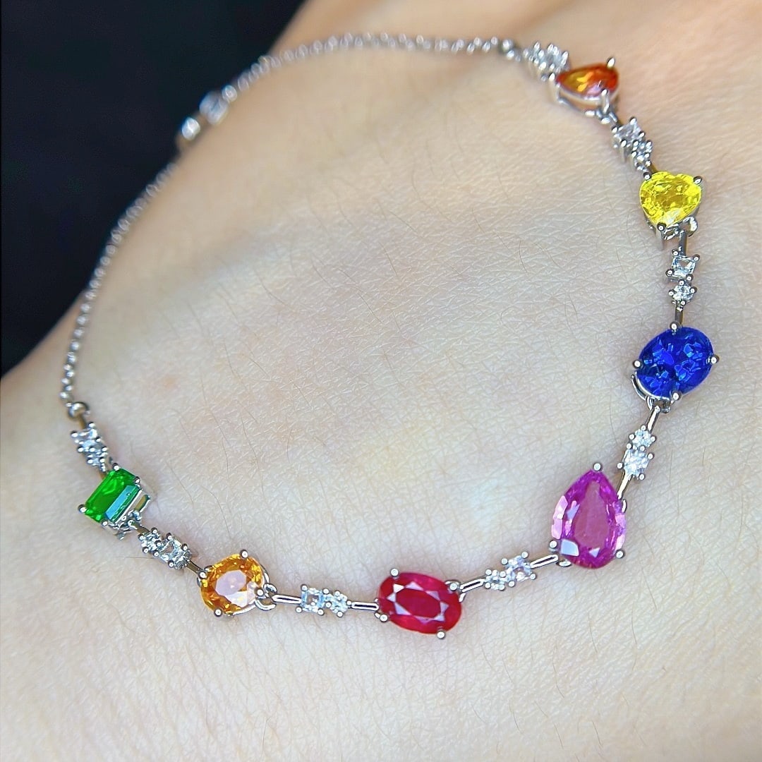 14k Gold 3.18 Ctw Natural Coloured Gemstone & Sapphire Bracelet - 8