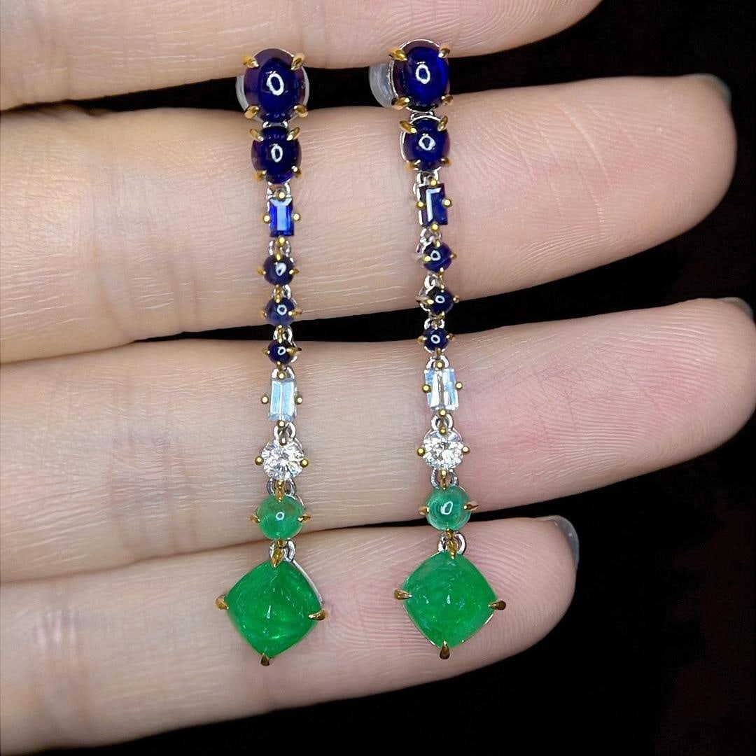 14k Gold 4.30 Ctw Natural Emerald & Sapphire Earrings: Ref:231185154 // gold content:14k gold // main gemstone:emerald // shape:sugar-loaf // carat weight:2. 32ct // color:green // treatment:natural // // adjacent gemstone 2 : sapphire // shape:multiple