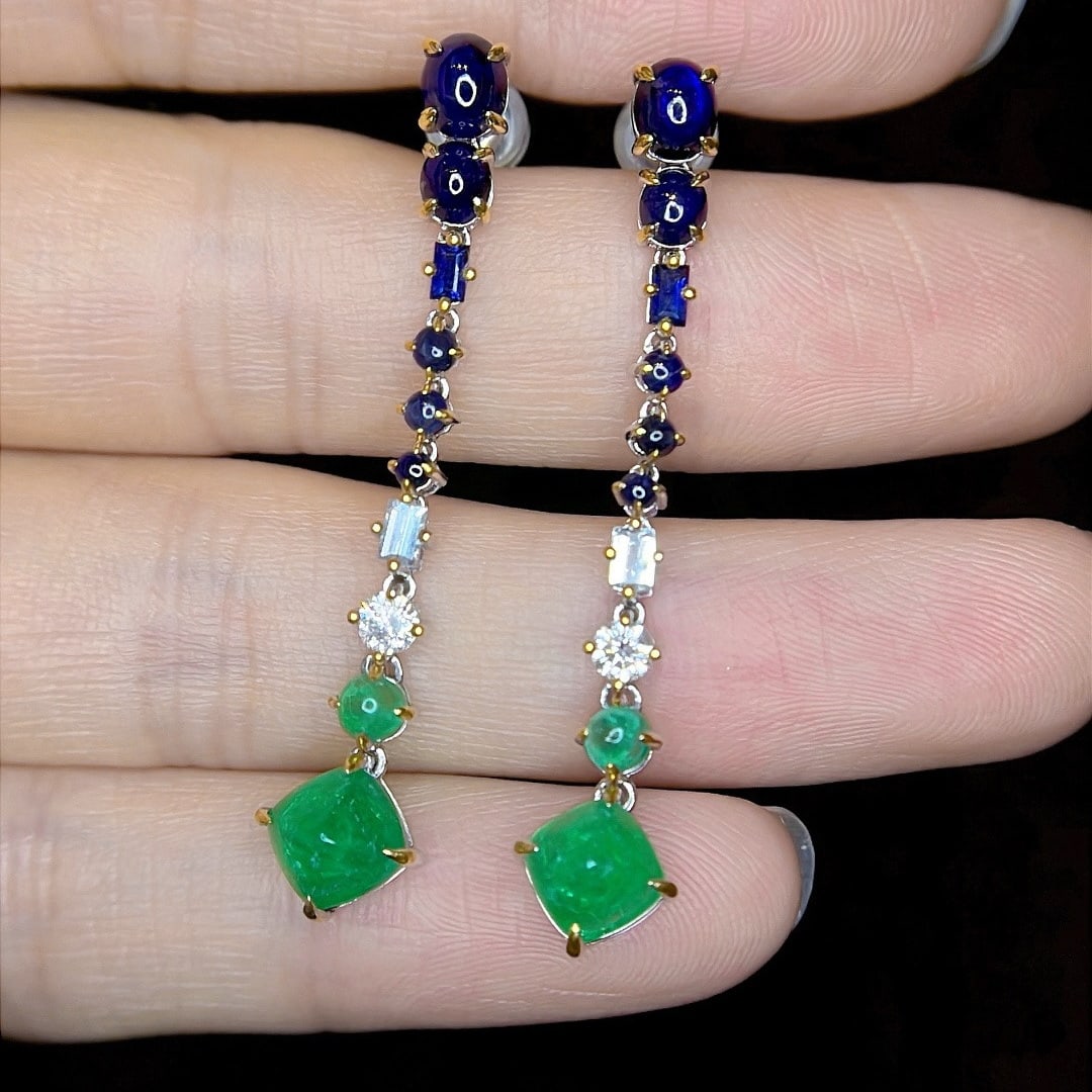 14k Gold 4.30 Ctw Natural Emerald & Sapphire Earrings - 2