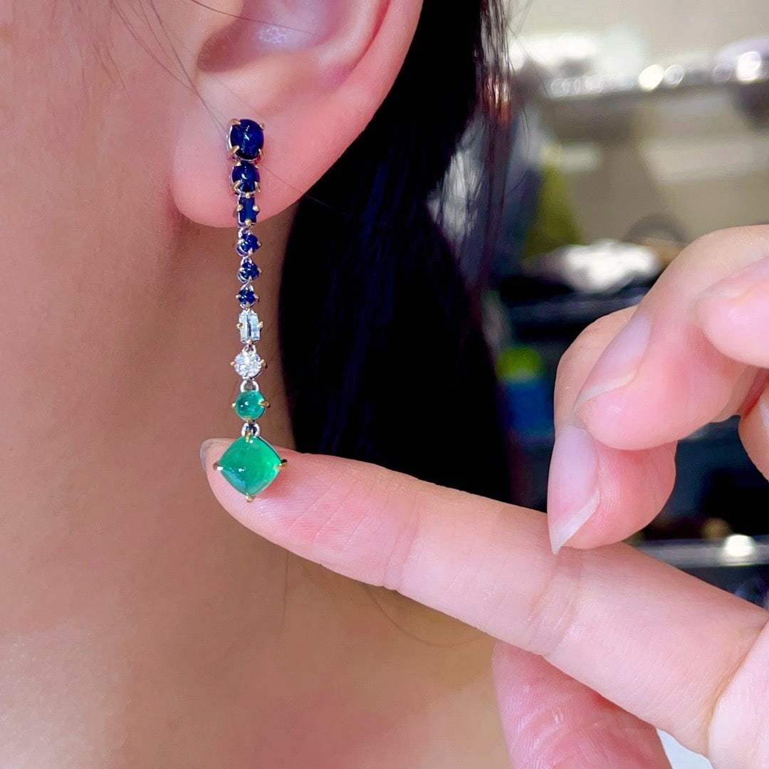 14k Gold 4.30 Ctw Natural Emerald & Sapphire Earrings - 3