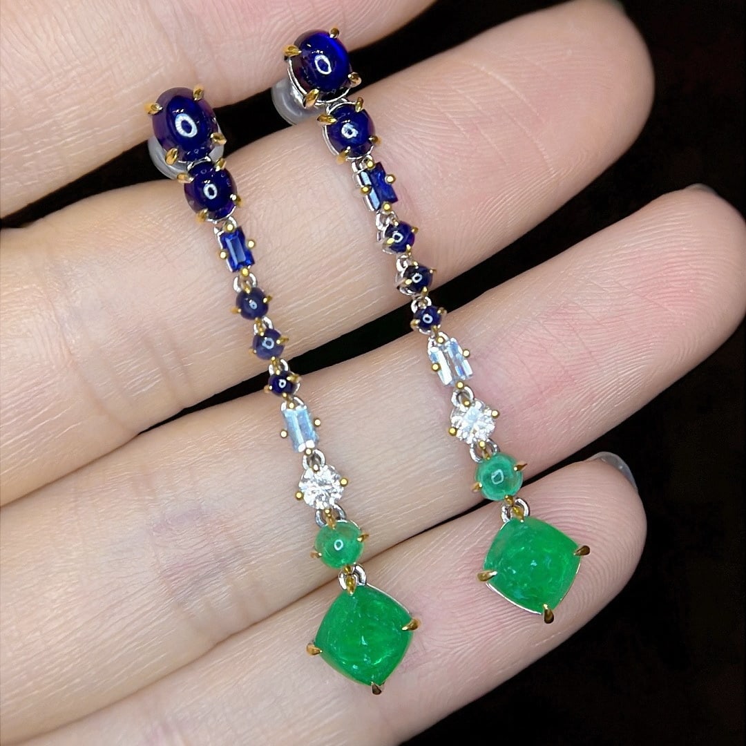 14k Gold 4.30 Ctw Natural Emerald & Sapphire Earrings - 4