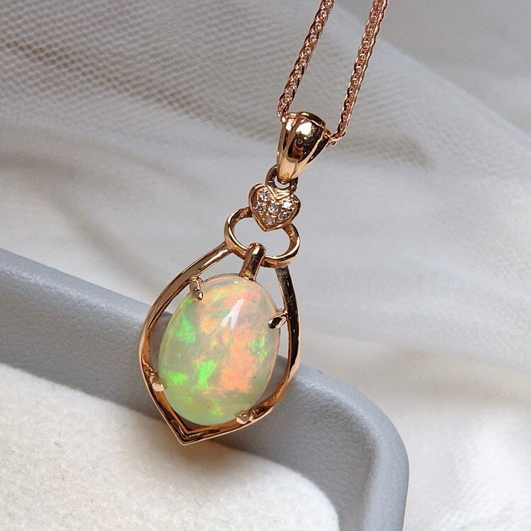 14k Gold 2.80 Ct Natural Opal & Diamond Pendant( Without Chain ) - 3