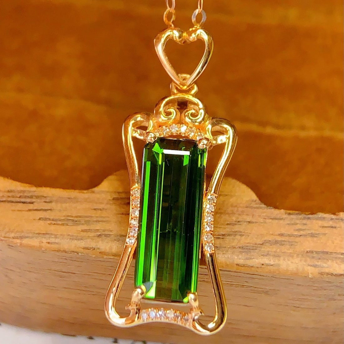 14k Gold 3 Ct Natural Tourmaline & Diamond Pendant( Without Chain ) - 3
