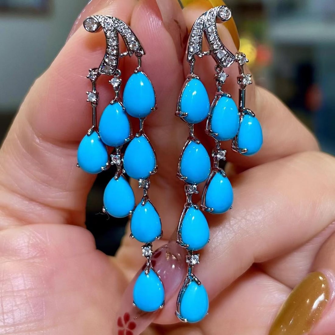 14k Gold 9.41 Ctw Natural Blue Turquoise & Diamond Earrings: Ref:231185171 // gold content:14k gold // main gemstone:blue turquoise // shape:pear // carat weight:9. 10ct // color:blue // treatment:natural // // adjacent gemstone 2 : diamond // shape:round // ca