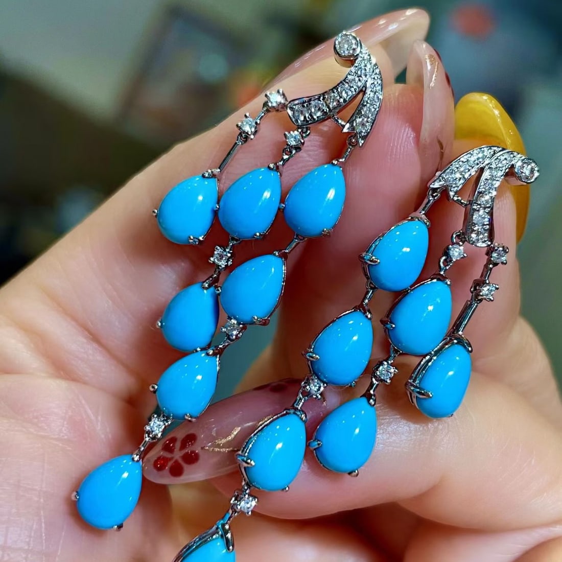 14k Gold 9.41 Ctw Natural Blue Turquoise & Diamond Earrings - 3