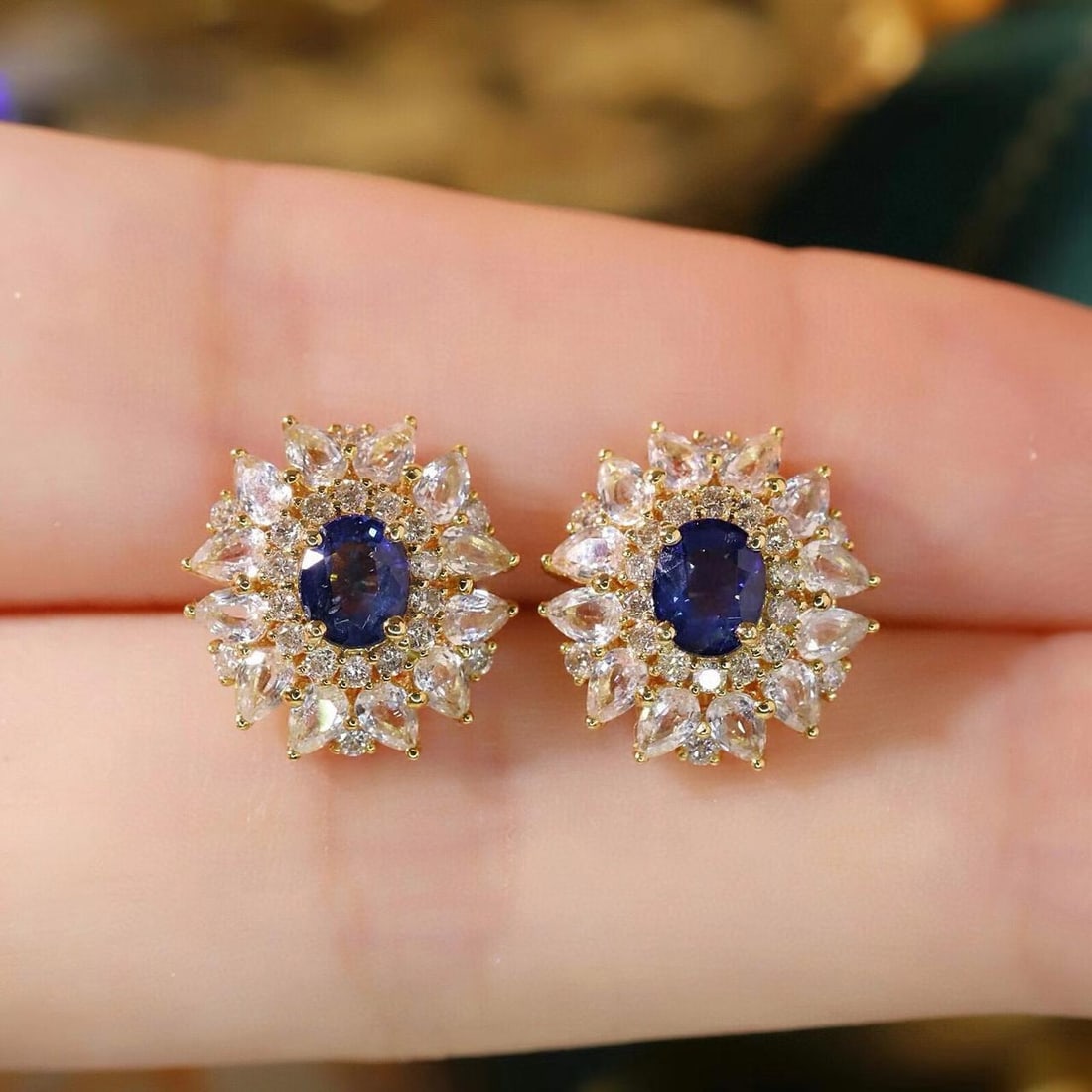 14k Gold 3.16 Ctw Natural Sapphire & Sapphire Earrings: Ref:231185185 // gold content:14k gold // main gemstone:sapphire // shape:oval // carat weight:1. 16ct // color:blue // treatment:natural // // adjacent gemstone 2 : sapphire // shape:pear // carat