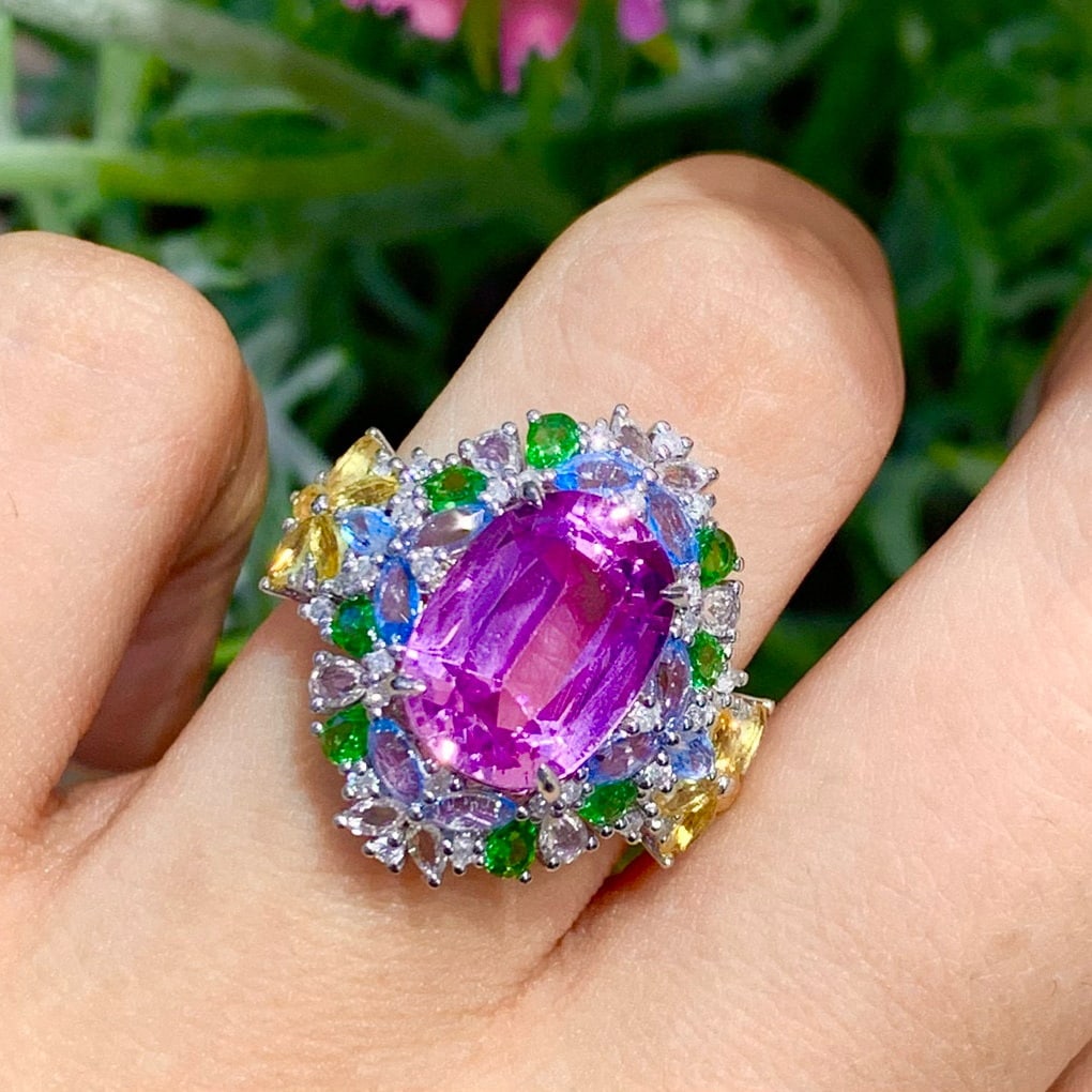 14k Gold 5.6 Ct Natural Kunzite & Diamond & Coloured Gemstone Ring - 3