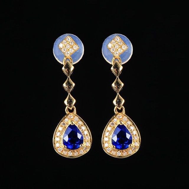 14k Gold 0.78 Ctw Natural Sapphire & Diamond Earrings: Ref:231185204 // gold content:14k gold // main gemstone:sapphire // shape:pear // carat weight:0. 63ct // color:blue // treatment:natural // // adjacent gemstone 2 : diamond // number of stones:54 //