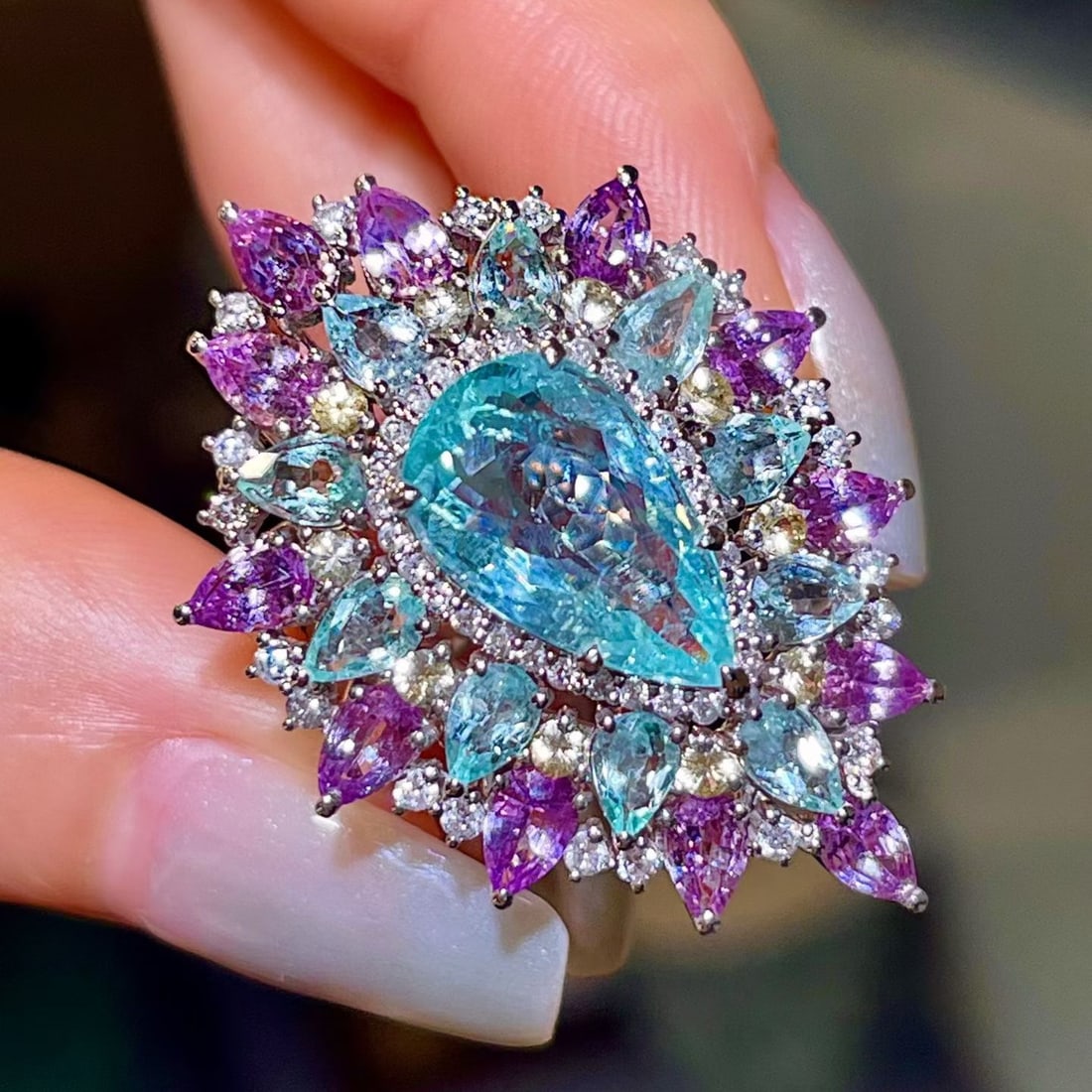 14k Gold 3.33 Ctw Natural Paraiba Tourmaline & Diamond Ring - 2