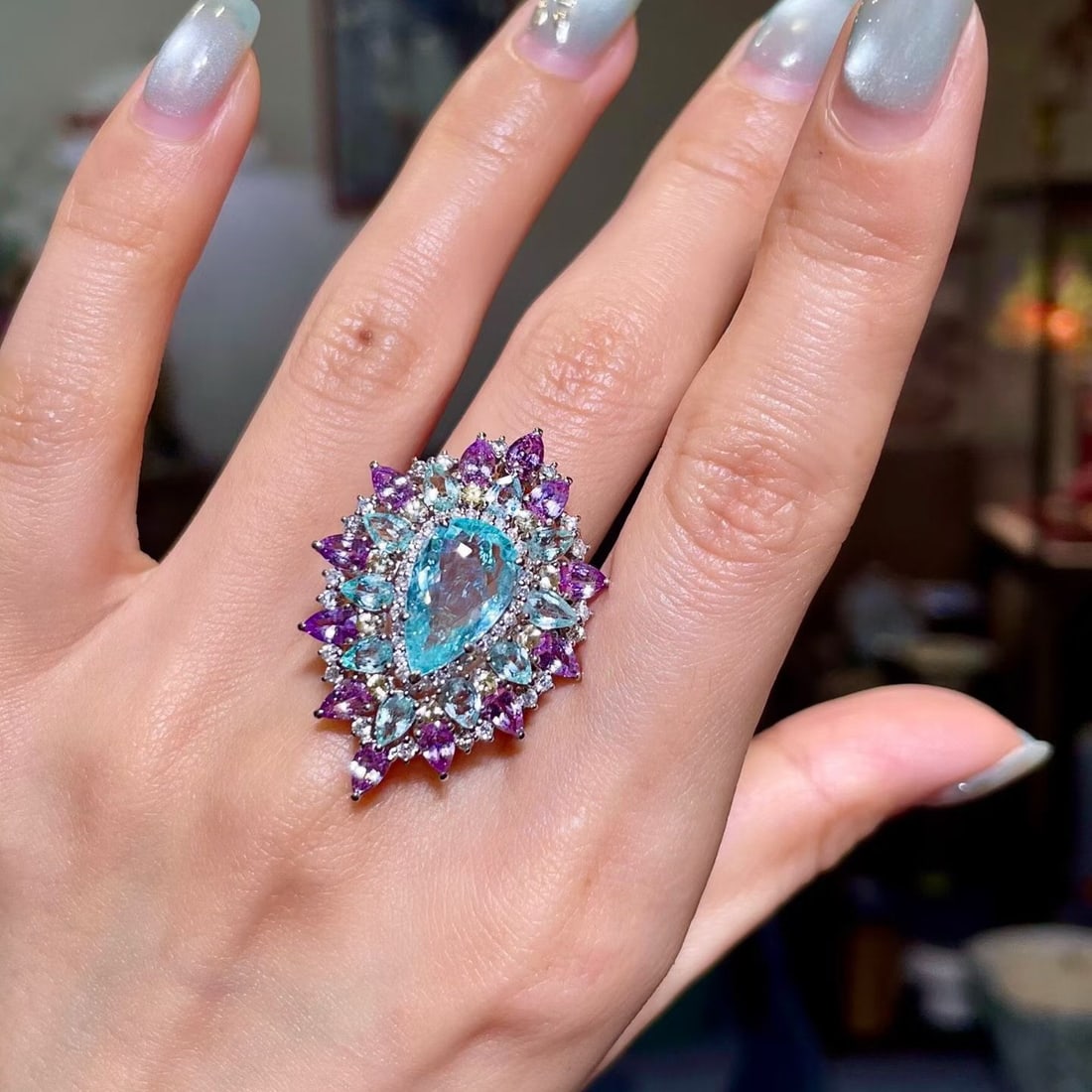14k Gold 3.33 Ctw Natural Paraiba Tourmaline & Diamond Ring - 3