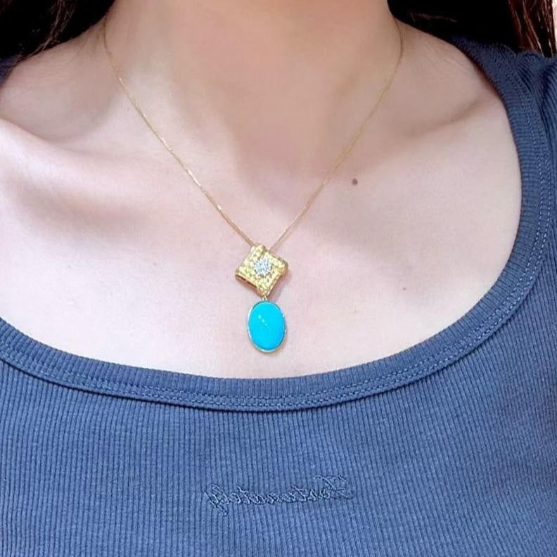 14k Gold 8.78 Ctw Natural Blue Turquoise & Diamond Pendant( Without Chain ) - 3