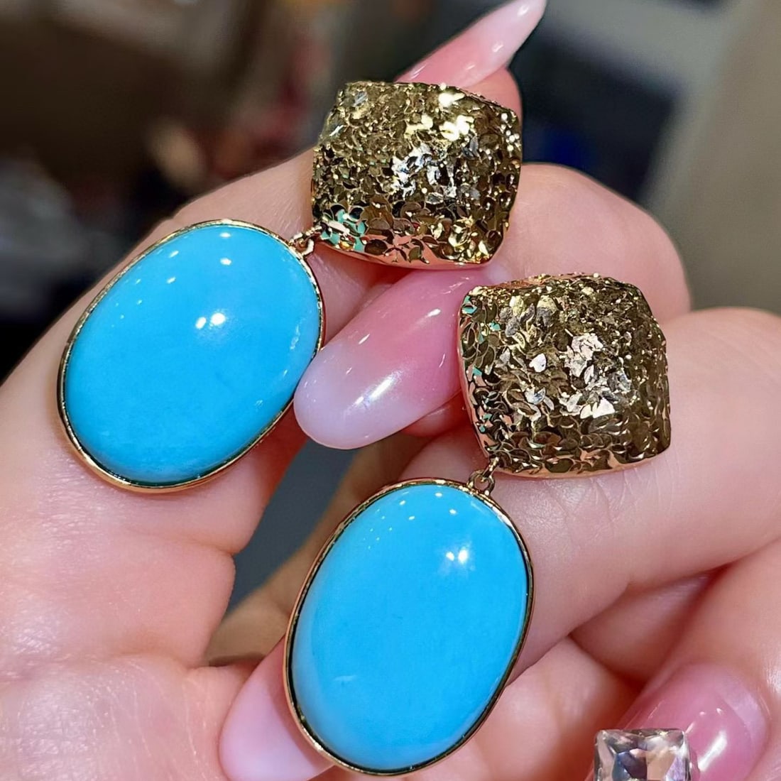 14k Gold 16.6 Ct Natural Blue Turquoise Earrings - 2