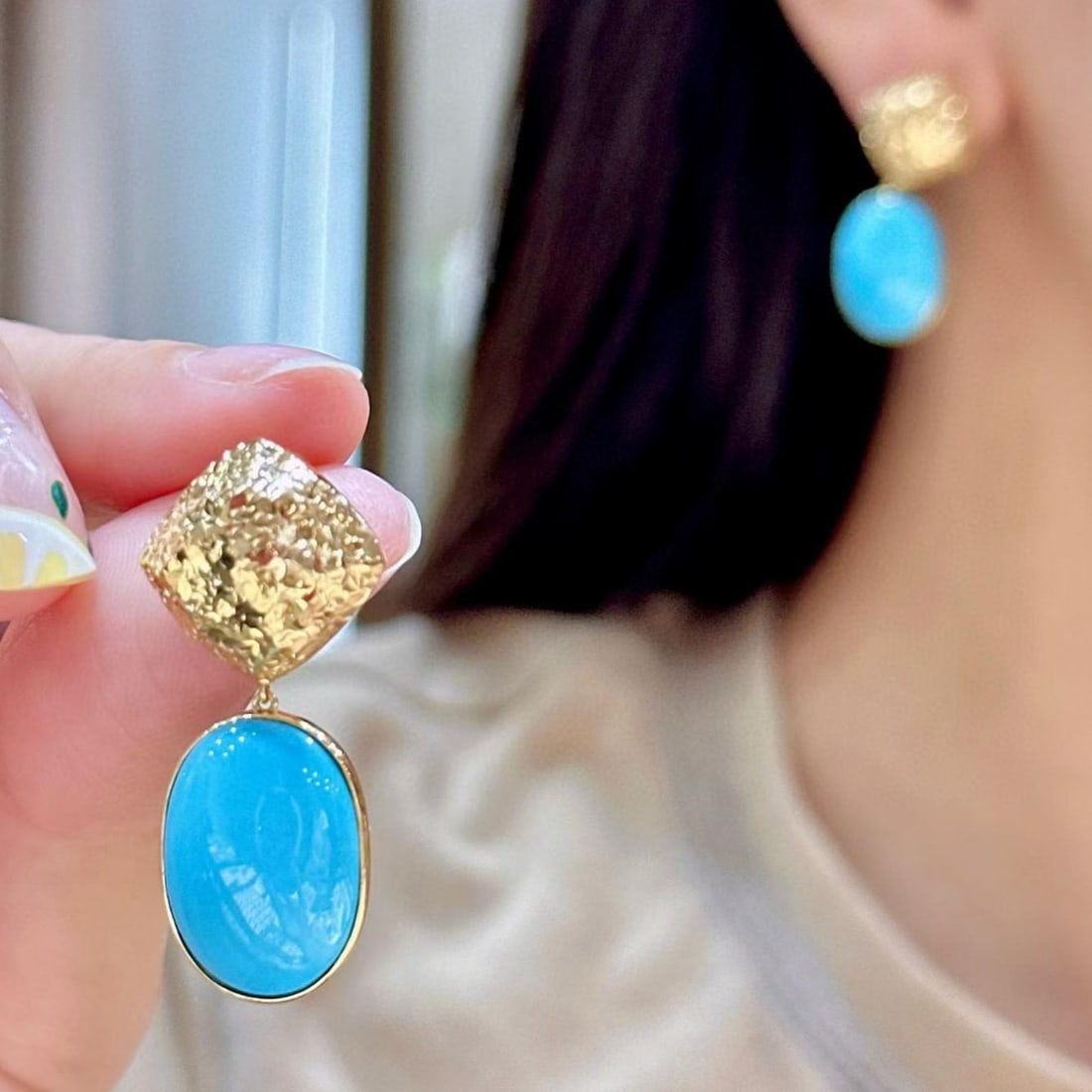 14k Gold 16.6 Ct Natural Blue Turquoise Earrings - 6