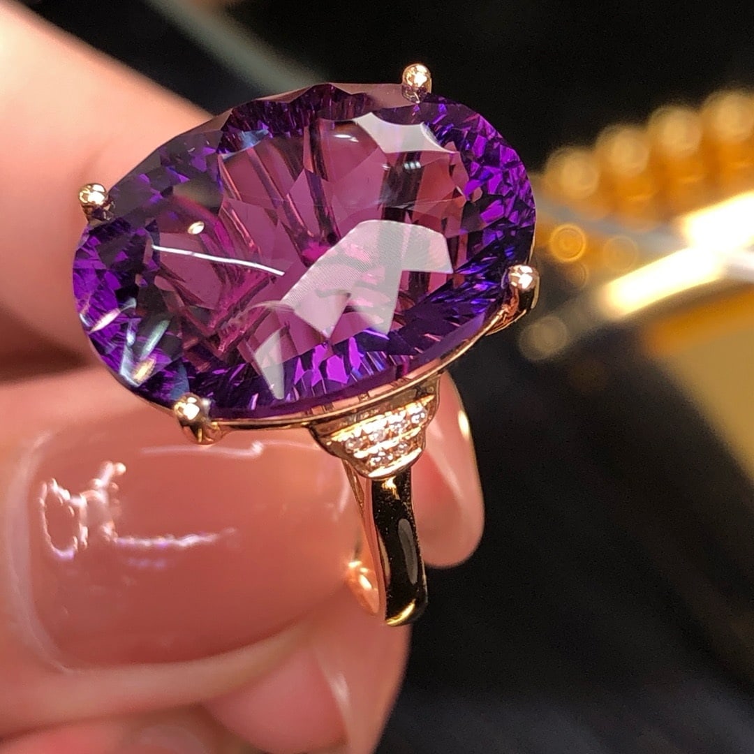 14k Gold 14.60 Ct Natural Amethyst & Diamond Ring - 5